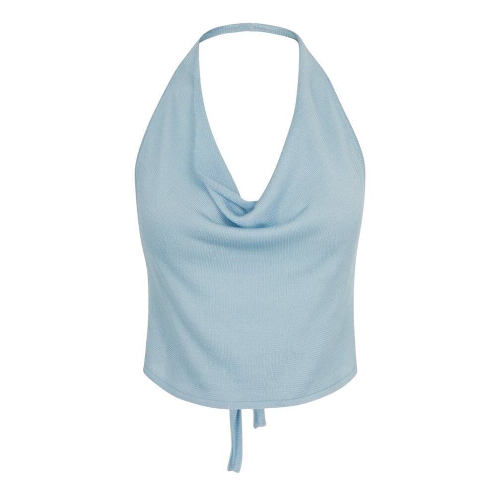 New Aya Muse Cinnabar Knit Tied Draped Halter Crop Top XXS Light Sky Blue